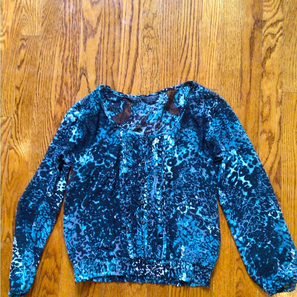 Guess Black & Teal Animal Print Blouse Size XS